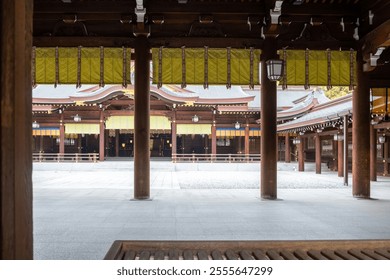 Interior courtyard of a Japanese temple, shrine. Wooden pillars suport a roofed corridor, traditional architecture - Powered by Shutterstock