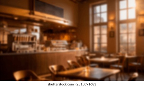 Interior of a cozy café, softly lit by the evening light streaming through large windows. The atmosphere is warm and welcoming, with tables ready for guests - Powered by Shutterstock