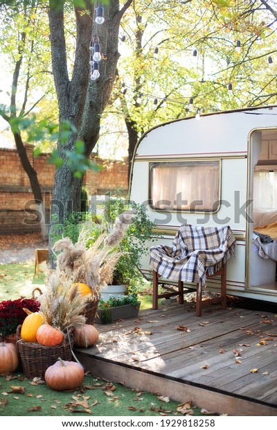 Interior cozy yard campsite with green plants\
potted. Wooden armchair with plaid near outside retro caravan\
trailer. Wooden RV house porch with garden furniture. Decor summer\
yard. Campsite in\
garden