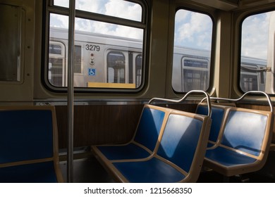 The Interior Of CTA(Chicago Transit Authority) Blue Line Train. 