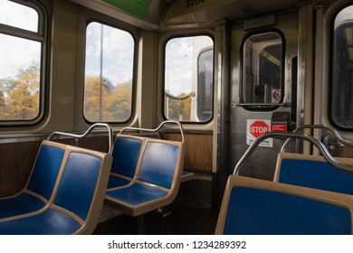 The Interior Of CTA(Chicago Transit Authority) Blue Line Train. 