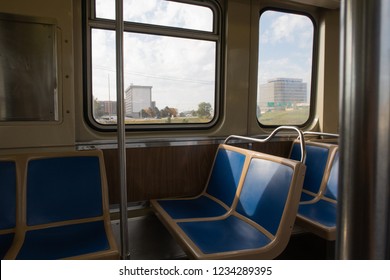 The Interior Of CTA(Chicago Transit Authority) Blue Line Train. 