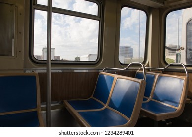 The Interior Of CTA(Chicago Transit Authority) Blue Line Train. 