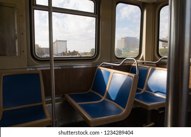 The Interior Of CTA(Chicago Transit Authority) Blue Line Train. 