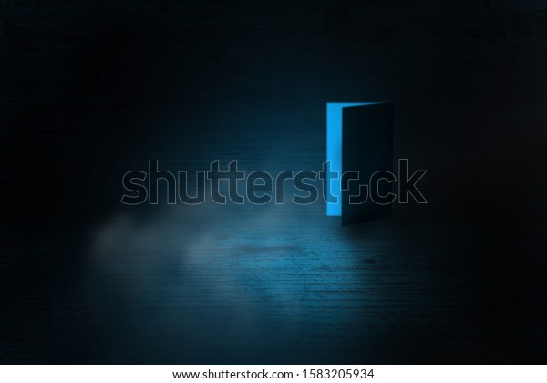 Interior dark room with dark concentrate\
floor with fog and mist. with opened door\
