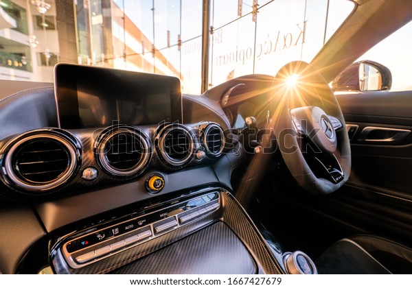 Interior dashboard of Mercedes\
Benz AMG GTR. High performance sport car Developed by Daimler:\
Milton\
Keynes,England-March,2020