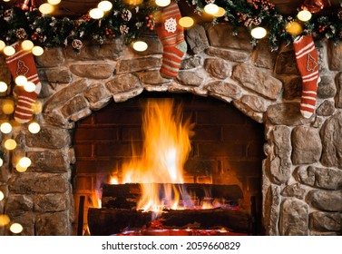 Interior decorated for Christmas. Fireplace with socks. - Powered by Shutterstock