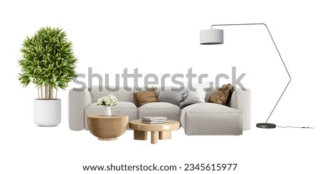 Interior decoration set in 3d rendering. Set of interior furniture in 3d rendering. Sofa and plant in 3d rendering.