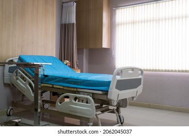 Interior Decoration Shot Of Patient Room In The Hospital Bed With Medical Equipment. Indoor Shot No People. 