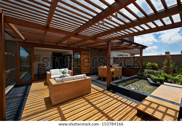 Interior Design Beautiful Terrace Lounge Pergola Stock Photo
