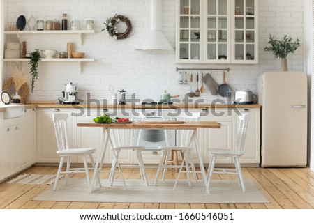 Similar – Image, Stock Photo Bright modern kitchen with wooden floor and white cabinets