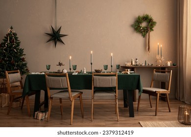 Interior design of christmas dinning room interior with table, christmas tree, chair, wreath, candle with candle stick, gifts, decoration, wooden consol and personal accessories. Family time Template. - Powered by Shutterstock