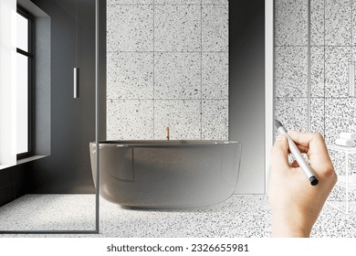 Interior design concept with hand drawing sketch of modern bathroom project