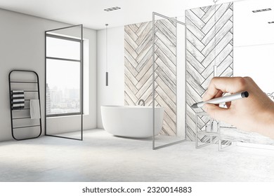 Interior design concept with male hand drawing bathroom project - Powered by Shutterstock