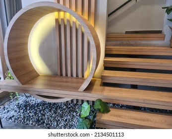 Interior Design Concept With Round And Wood Contemporary Look Instagram Able Idea For Customer To Snap Photo. Selective Focus.