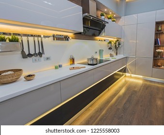 Interior design decor showing modern kitchen and appliances in luxury apartment showroom