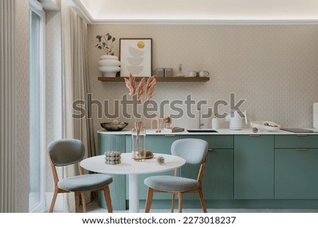 Interior design of dining room interior with mock up poster frame, round table, green shelf, vase with flowers, stylish chair, vase with dried flowers and personal accessories. Home decor. Template. 