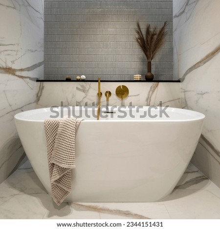 Interior design of elegant bathroom with gold tape, blue and pink tiles, classic white bath, toilet seat, silk, brown wase with dried flowers. Home decor. Template. 