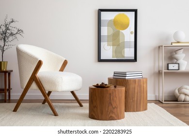 Interior design of harmonized living room with mock up poster frame, white boucle armchair, wooden coffee tables, decoration and personal accessories. Cozy home decor. Template. 
 - Shutterstock ID 2202283925