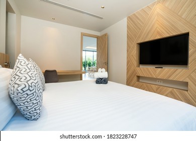 Interior Design Of House, Home, Condo And Villa Feature Double Bed,  And Dressing Table In Bedroom, White Space