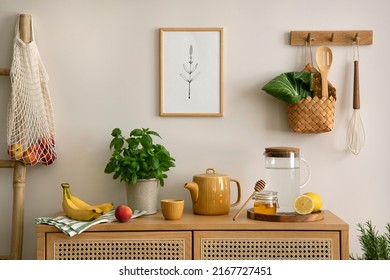 Interior design of kitchen space with rattan commode,  chair, herbs, vegetables, food and kitchen accessories in modern home decor. Template.  - Shutterstock ID 2167727451