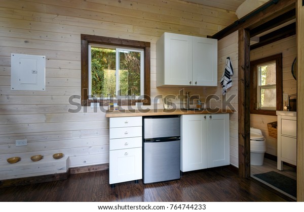 Interior Design Kitchen Tiny Rustic Log Interiors Stock Image