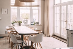 The Interior Design Of A Large Dining Area Attached To A Kitchen And Looking Out Onto A Garden