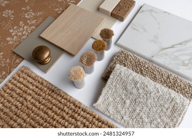 Interior Design Material Sample Board with Fabrics, Carrara Marble, Wood, and Wallpaper for Home Decoration Mood Board Concept