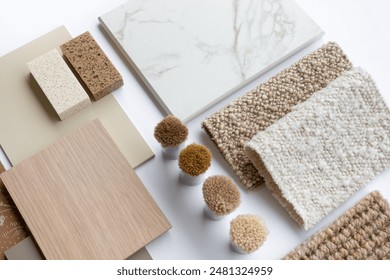 Interior Design Material Sample Board with Fabrics, Carrara Marble, Wood, and Wallpaper for Home Decoration Mood Board Concept