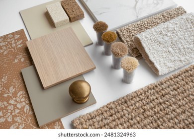 Interior Design Material Sample Board with Fabrics, Carrara Marble, Wood, and Wallpaper for Home Decoration Mood Board Concept
