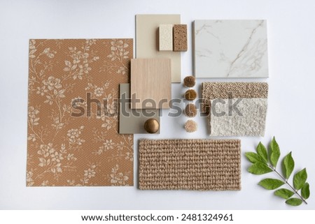 Interior Design Material Sample Board with Fabrics, Carrara Marble, Wood, and Wallpaper for Home Decoration Mood Board Concept