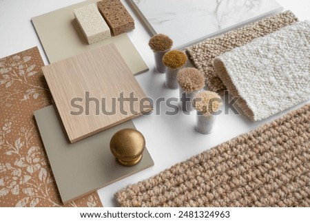 Interior Design Material Sample Board with Fabrics, Carrara Marble, Wood, and Wallpaper for Home Decoration Mood Board Concept