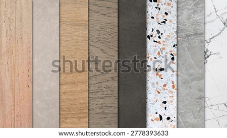 Interior Design Material Samples Palette Set Wood Grain White Marble Terrazzo Concrete and Stone Textures Collection for Architecture Project Presentation Moodboard Finish Flooring Wall Surfaces.