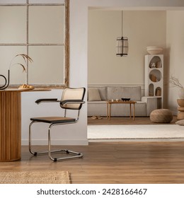 Interior design of open space interior with round table, rattan chair, window, vase with dried flowers, modular sofa, wooden coffee table, stylish rack and personal accessories. Home decor. Template.