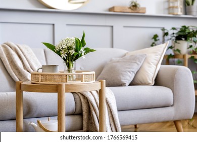  Interior Design Of Scandinavian Living Room With Stylish Grey Sofa, Coffee Table, Spring Flowers, Decoration, Pillows, Plaid, Tray And Elegant Personal Accessories In Modern Home Decor.