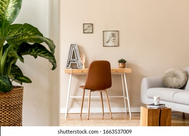 Interior Design Of Scandinavian Open Space With Mock Up Photo Frames, Wooden Desk, Gray Sofa, Plants, Books Office And Personal Accessories. Stylish Neutral Home Staging. Beige Walls. Template.