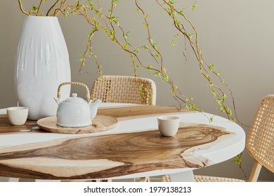 Interior Design Of Stylish Dining Room Interior With Family Wooden And Epoxy Table, Rattan Chairs, Flowers In Vase And Teapot With Cups.  Details. Template.