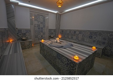 Interior Design Of Turkish Baths In Luxury Health Spa With Massage Table And Candles