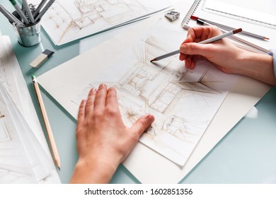 Interior designer drawing pencil sketch of a kitchen. Interior design projects concept - Shutterstock ID 1602851356
