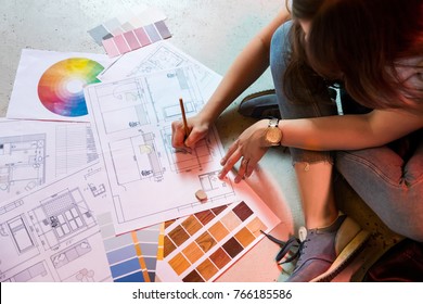 Interior designer draws plan with art tools - Shutterstock ID 766185586
