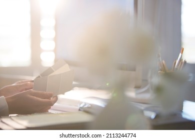 Interior Designer Holding Paint Swatches In Sunny Office