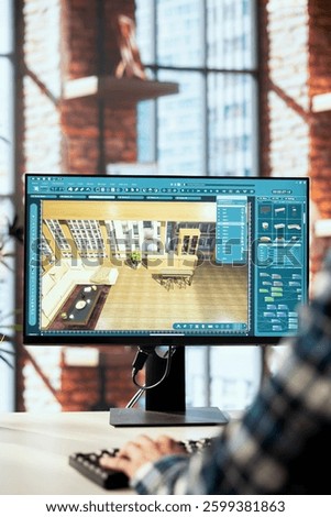 Interior designer uses architectural software to show customers what their home will look like after finishing remodeling commission. Man preparing visual preview for clients on PC, close up