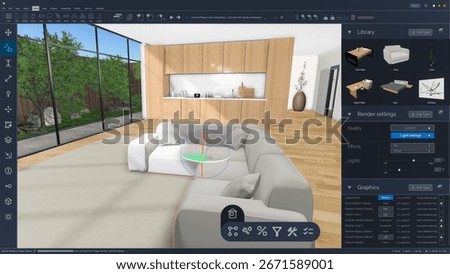 Interior Designer Using Advanced 3D Modeling Software on a Computer to Create a Modern Living Room and Kitchen Space Layout. Specialist Creating a Stylish Environment with Creativity and Precision