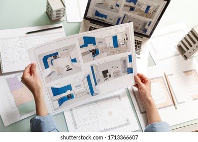 Interior Designer Working With A Kitchen Visual Renderings In A Design Bureau. Architectural Desigh Bureau Working Concept