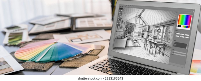 Interior designer workspace table and architecture software on laptop screen with mood board materials and colorful swatch color for color selection. Modern interior design office. Insight - Powered by Shutterstock