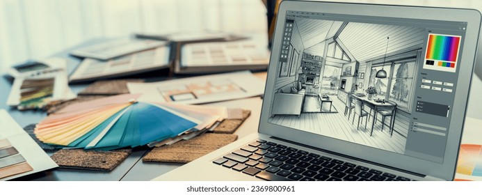 Interior designer workspace table and architecture software on laptop screen with mood board materials and colorful swatch color for color selection. Modern interior design office. Insight - Powered by Shutterstock