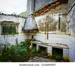 Interior of a dilapidated house without a roof