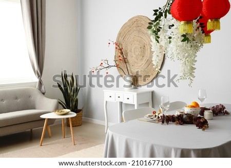 Interior of dining room decorated for Chinese New Year celebration