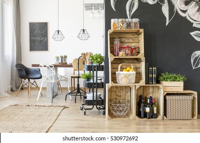Interior with dining table and diy crate shelves