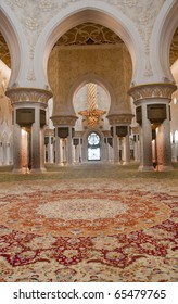 Interior Display Of Sheikh Zayed Mosque, And The Main Prayer Room, With The Largest Man Made Carpet And Beautiful Architectutral Work Of This Famous Mosque.